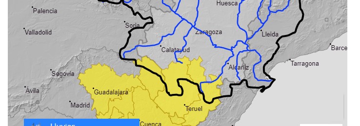 AVISO HIDROLÓGICO - Debido a las lluvias, se intensifica la vigilancia en cauces con cuenca vertiente pequeña y barrancos en el Sur de la cuenca del Ebro, en Guadalajara y Teruel